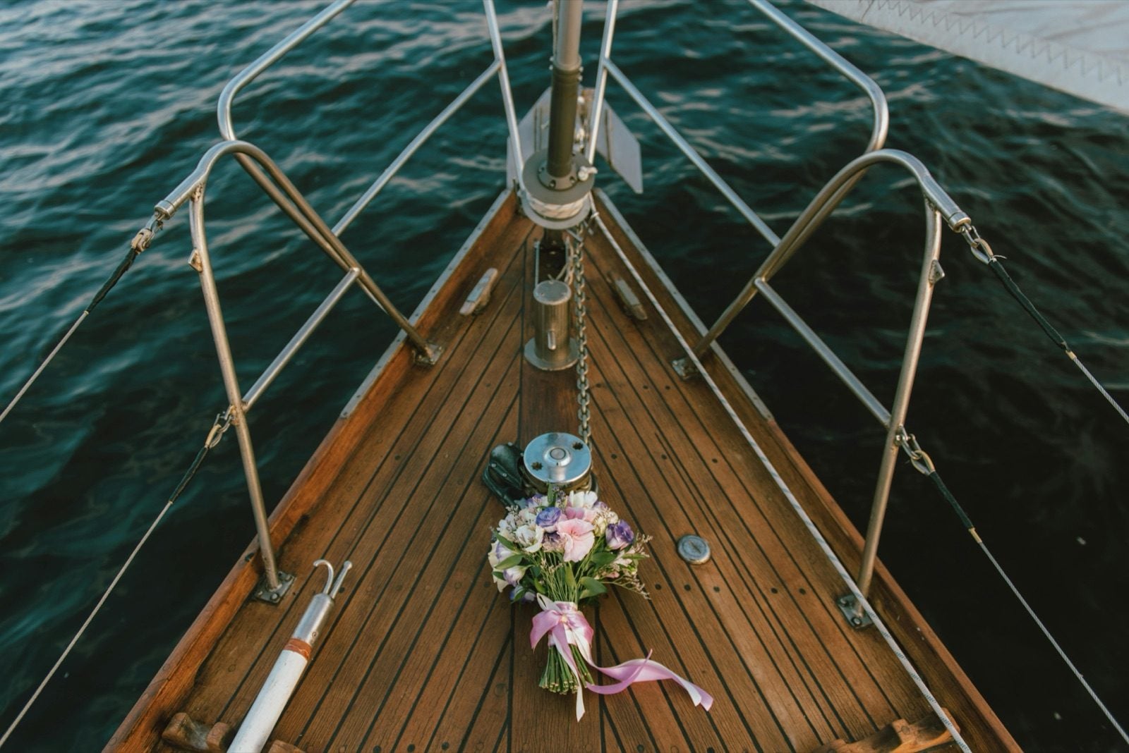 Bouquet on the bow of the yacht, set up for a private celebration